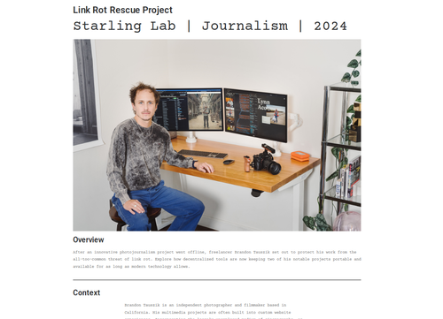 Website screen capture with an image of the artist Brandon Tauszik in his working studio and some text following.
