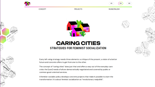 Website capture showing colorful drawings of some houses with diagrams around with a big text saying "Caring cities: strategias for feminist socialization"