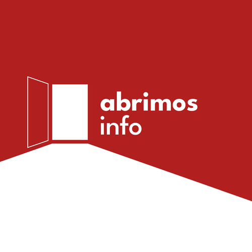 Una ilustración muy sintética de una puerta abierta en una pared, donde dice "Abrimos info".